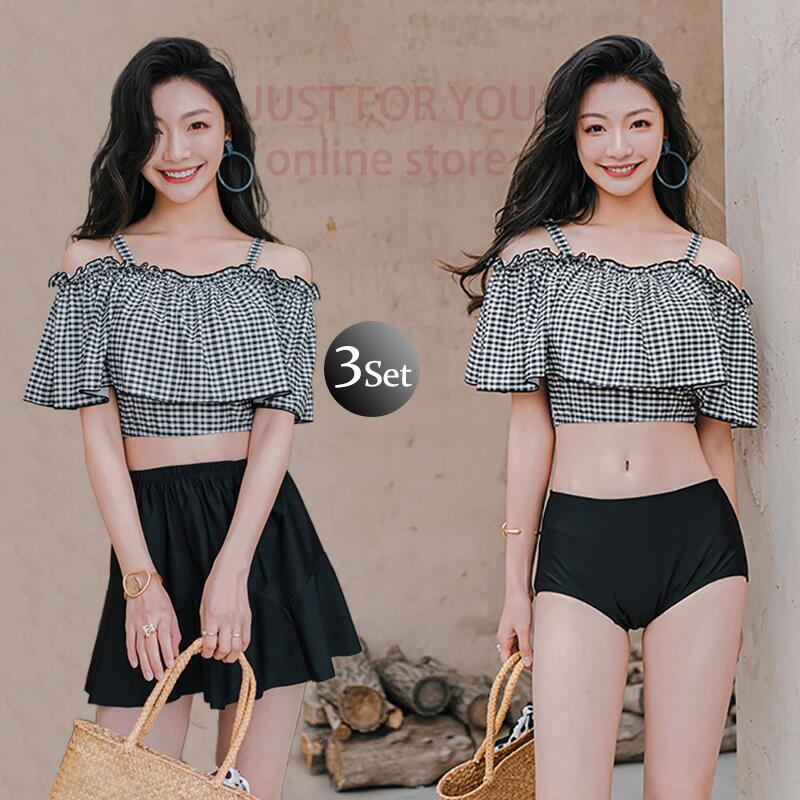 チェック 水着 レディース オトナ女子 可愛い セクシー バックシャン バックフリル フレア シンプル 3点セット ミニスカート ハイウエス 盛れる 夏 海 個性的 グレー S/M/L