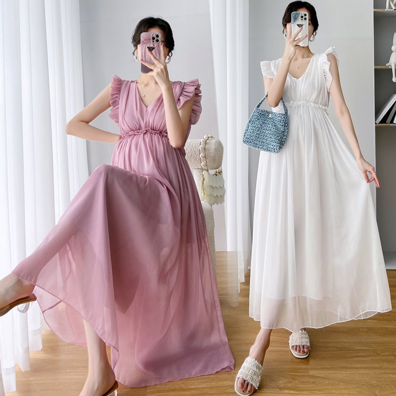 マタニティ ふんわり シフォン ワンピース ドレス Vネック フリル ノースリーブ ロング お呼ばれ パーティー フォーマル 結婚式 レディース 可愛い ママファッション ママ服 マタニテ