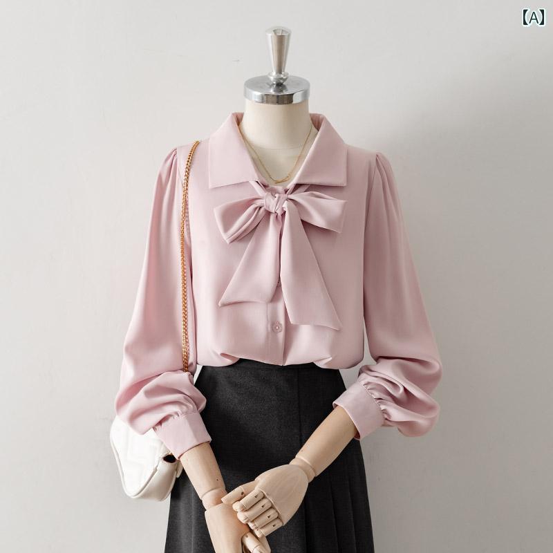 レディース トップス ブラウス ボウタイ 上品 フレンチ リボン 長袖 シャツ フォーマル 秋 通勤 フォーマルウェア 面接 サテン インナー
