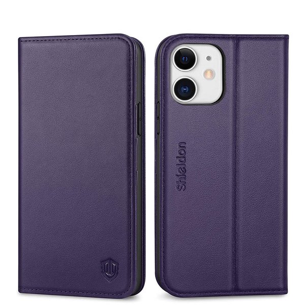 即納 iPhone 12/12Pro/12ProMax/12mini ケース カバー 手帳型 フリップケース 本革 レザー/パープル RFIDブロッキング