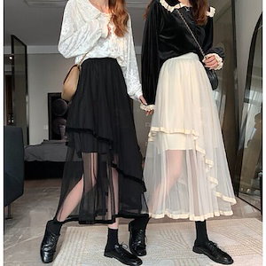 チュール ロング スカート 韓国 シースルー ティアード フリル オルチャン 原宿系 可愛い ガーリ