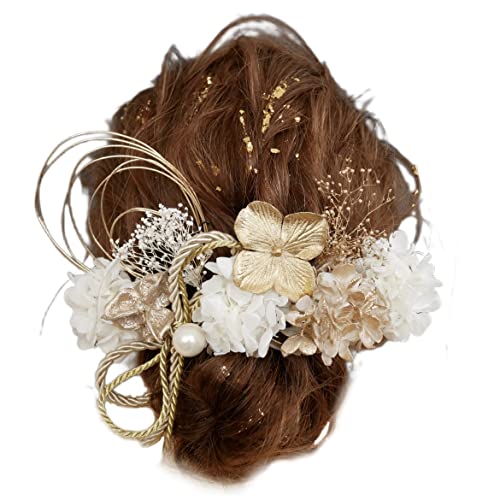 【 髪飾り専門店 Bria 】成人式 卒業式 結婚式 七五三 髪飾り ドライフラワー 金箔付き ロープリボン (白ゴールド)