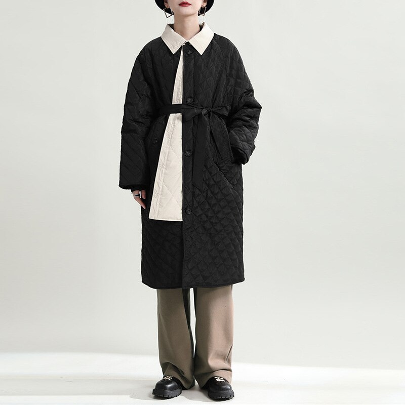 キルティングアウター ダウンジャケット冬のモダンレトロカラーつぎ合せ衝突色開襟ロング前開き 軽量 厚手綿入れの服菱格子の綿入れの上着2着防寒アウター