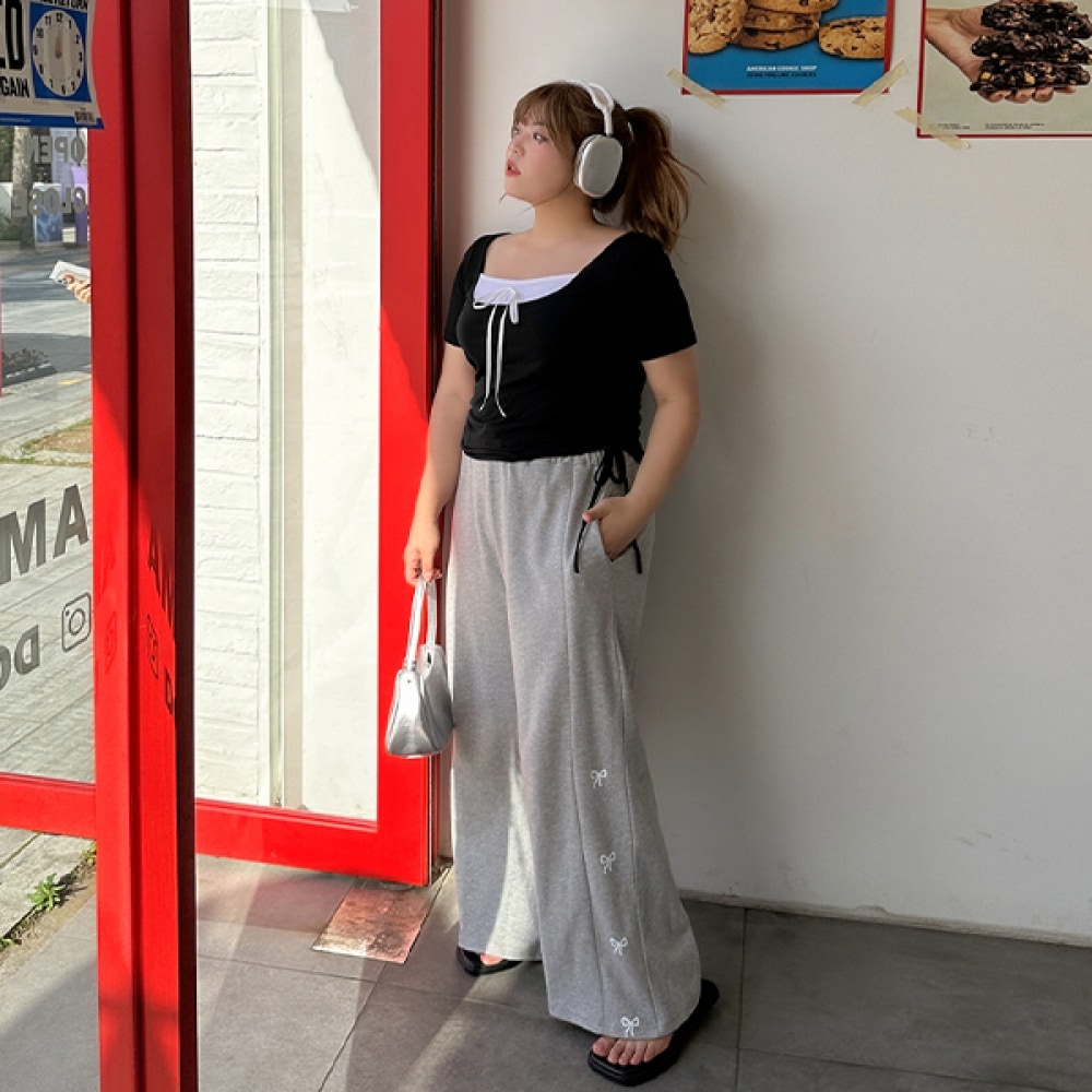 (JSTYLEのイーブレット) イーブレットビーンレッドプリントワイドバンディングパンツ JSTYLE