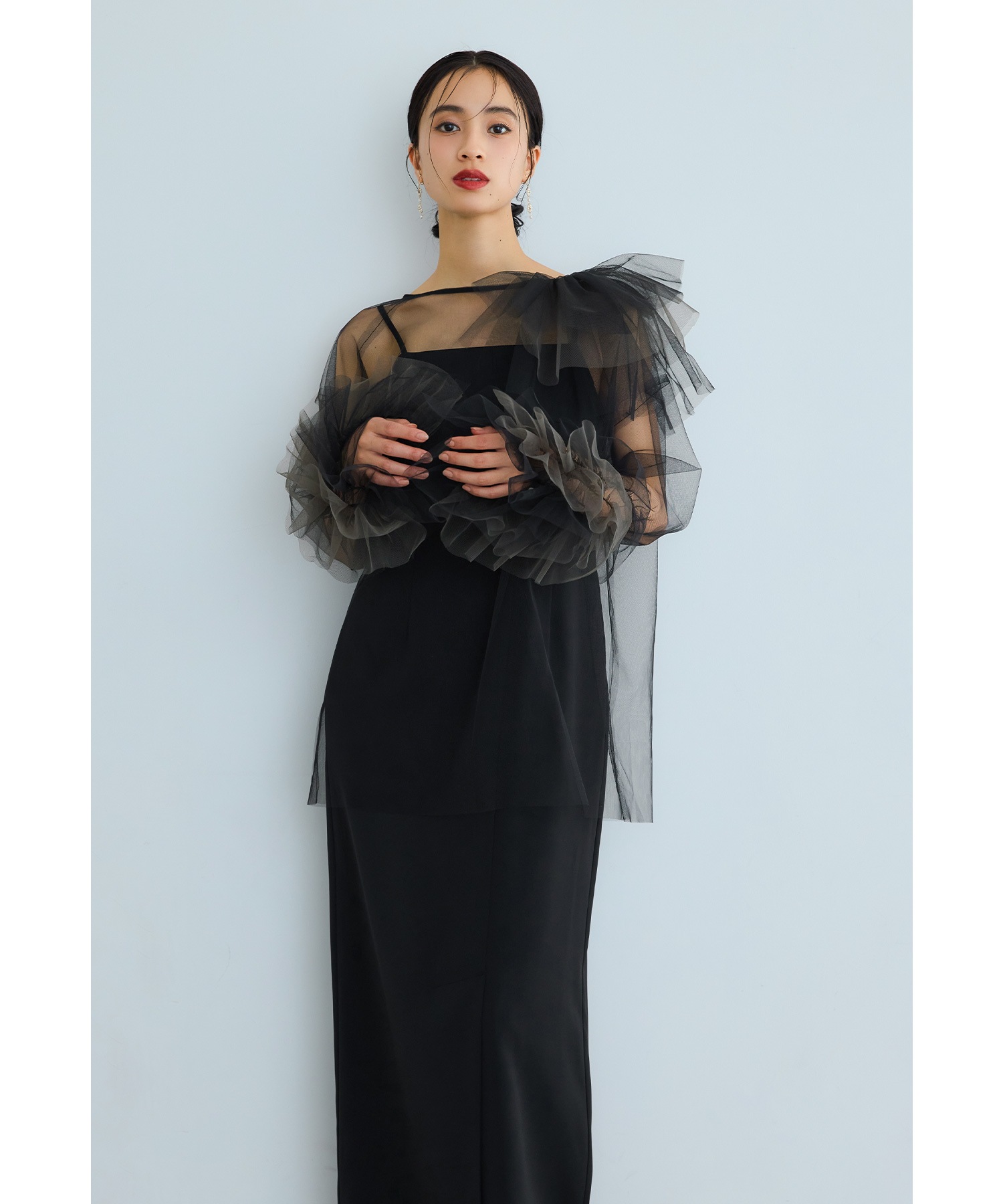 ブルーミングチュールドレス パーティードレス 結婚式 2点セット チュール フリル ブラウス キャミワンピース Iライン 長袖 お呼ばれ パーティー 二次会 披露宴 謝恩会 成人式 同窓会 入学式