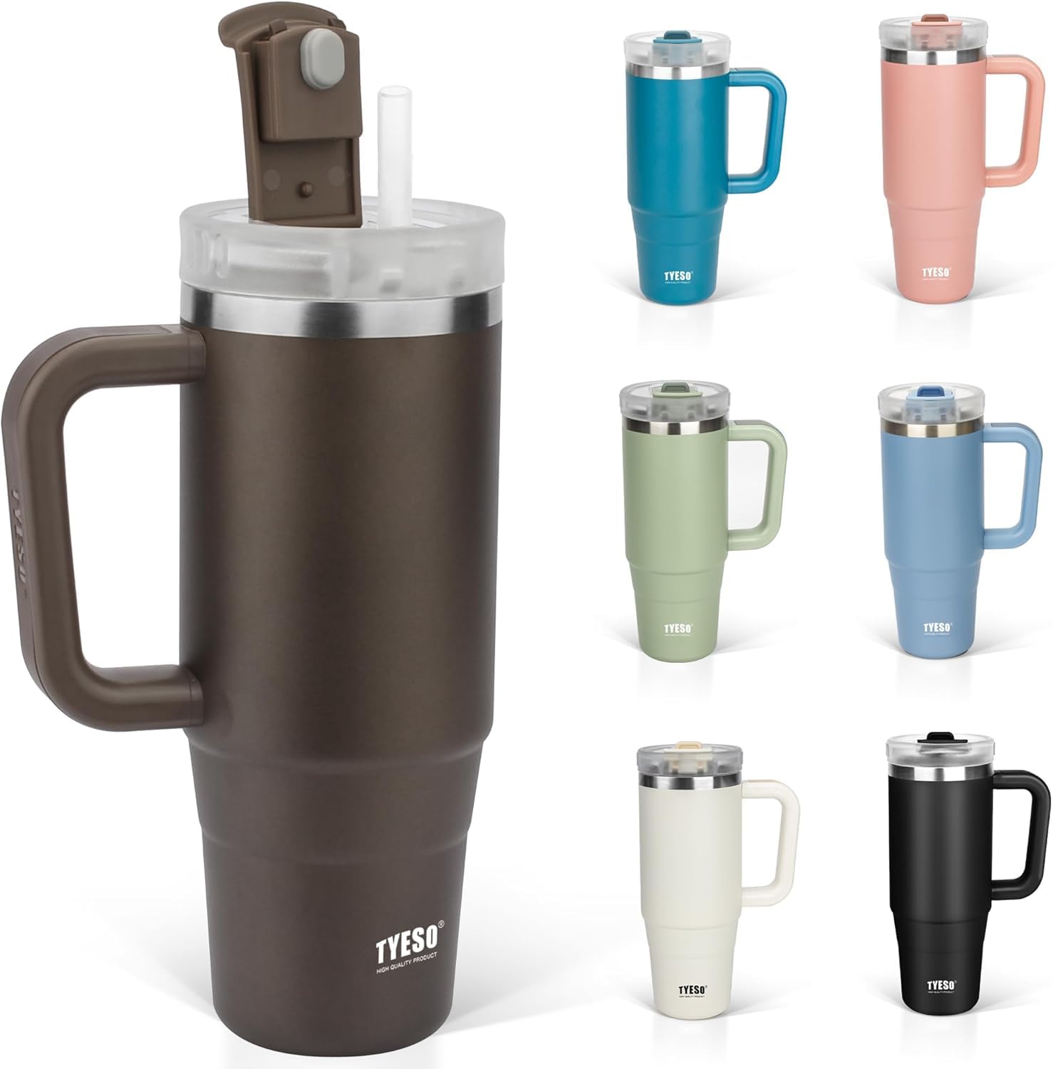 ΤYESO タンブラー 1.2L 水筒 保冷 ステンレスボトル ウォーターボトル ストロー 取っ手付き ジョッキ アウトドア 真空断熱 二重構造 広口 大容量 直飲 女の子 男の子 1200ml 茶色