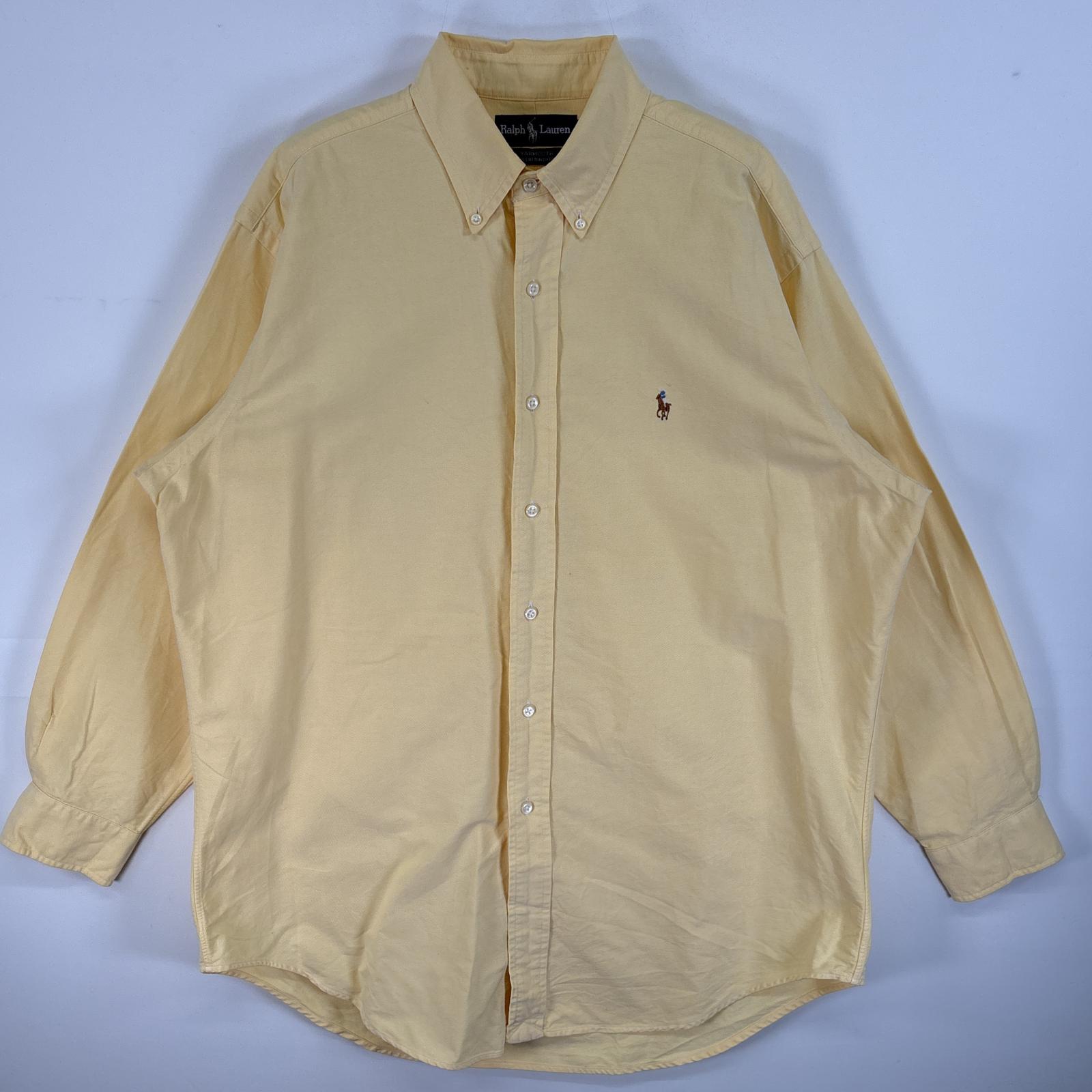 古着 90s/90年代 長袖シャツ オックスフォードシャツ カラーシャツ ロゴ 刺繍 16-32 L イエロー 無地 メンズ