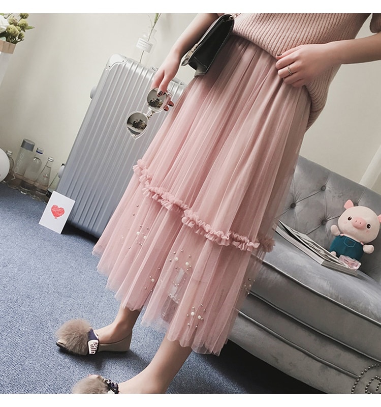 3129.おしゃれカジュアルチュールロングスカート（ピンク）