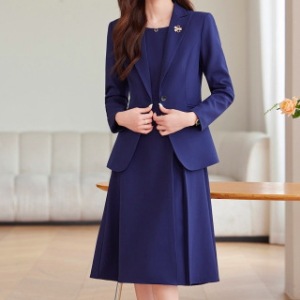 レディース ジャケット ワンピース スーツ セットアップ 2点セット ミディアム テーラードジャケット 長袖 襟付き スリム 細身 ストレート タック タックプリーツ ポケット ボタン きれいめ
