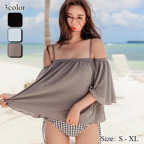 【グラシア】 水着 バンドゥ レディース ビーチウェア スイムウェア 流行 海 プール オフショル クロス デコルテ ふんわり ベアトップ 華奢 ビキニ ファッショナブル 胸元 ブラック ホワイト カ