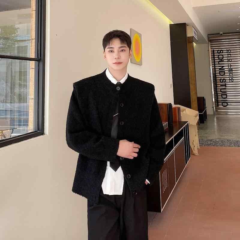 ジャケット メンズ 冬 ニット かっこいい セーター 韓国 ラウンドネック 個性的 肩 パッド 厚手 セーター トップス