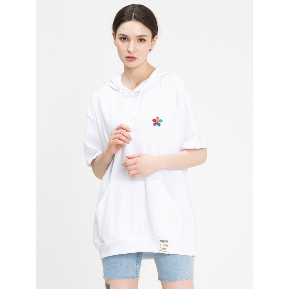 GRAVER レインボーフラワーエンブロイダリーフーディークリップ半袖Tシャツホワイト