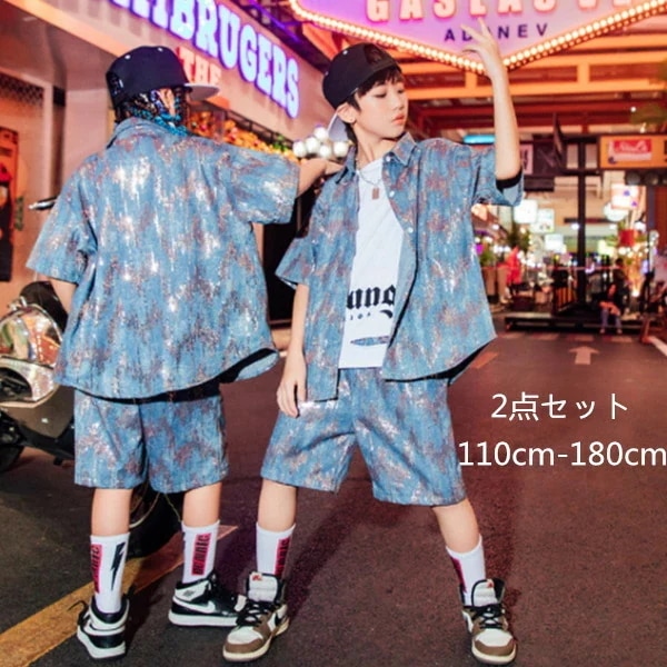 【3日出荷！2026新作】タイムセール キッズ ダンス衣装 セットアップ 男の子 女の子 カジュアル ヒップホップ デニム 上下セット 半袖 デニムトップス デニムショートパンツ ゆったり 2点セット