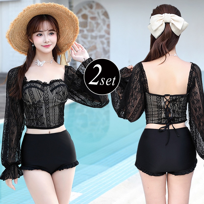 水着 レディース 2点セット 袖あり 長袖 レース フリル キャンディスリーブ 洋服見え 上下別柄 ビスチェ風
