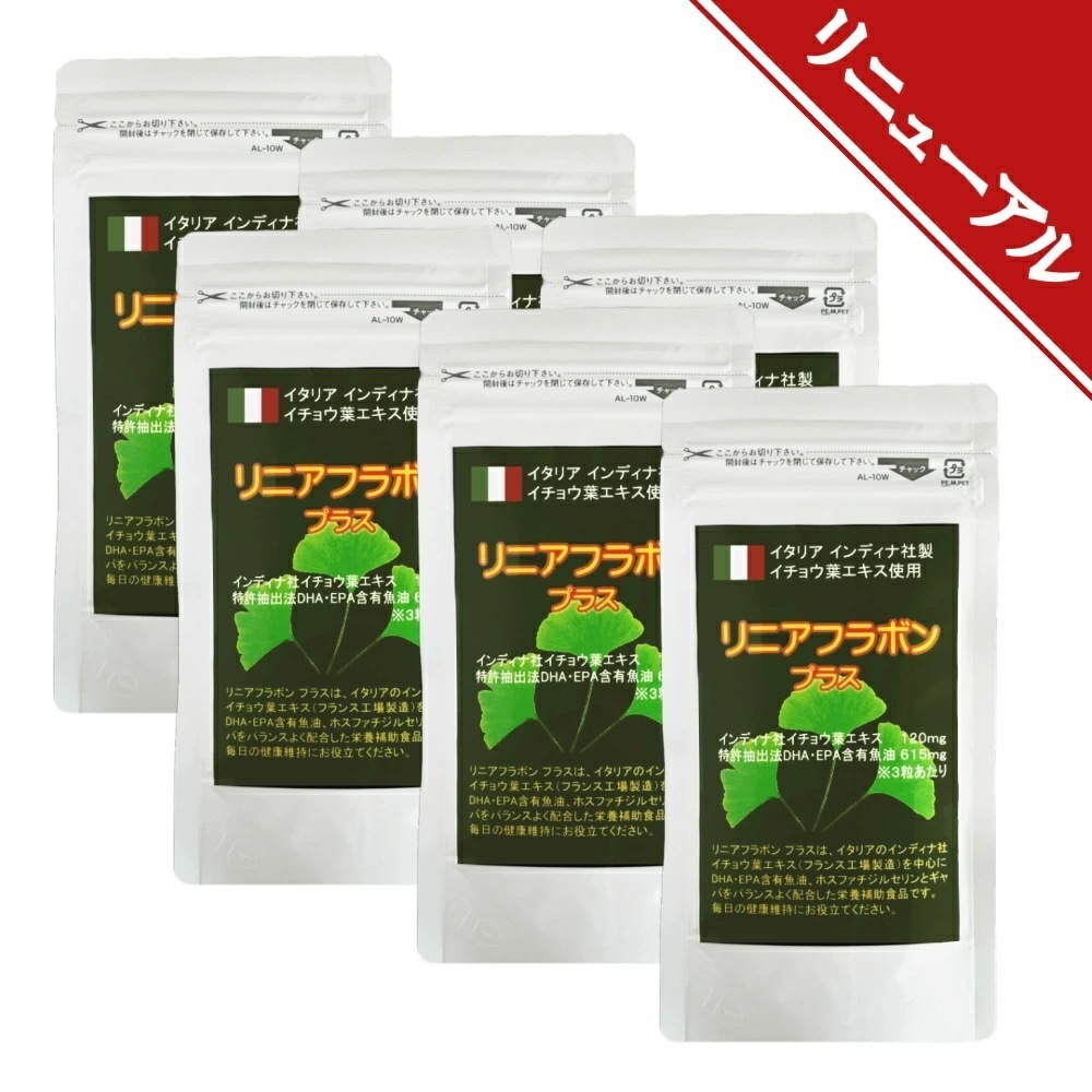 イチョウ葉 エキス DHA サプリ×6個セット リニアフラボン 90粒 いちょう葉 イタリア インディナ社 イチョウ葉エキス120mg イチョウ葉 フラボノイド 日本 国産