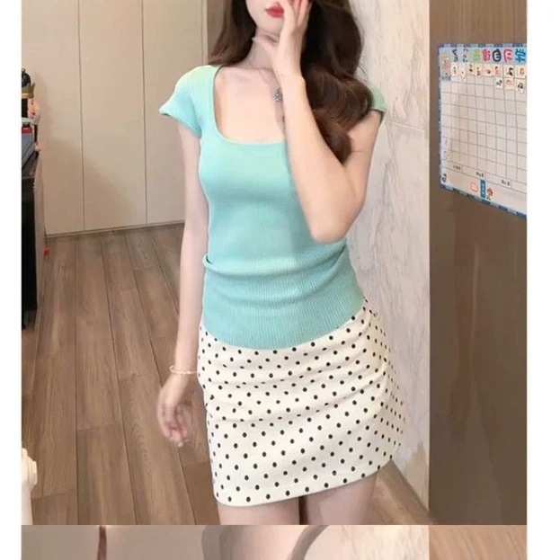 ドーパミン ミントグリーン 半袖 Tシャツ 夏 ユニーク フィット 水玉 スカート セット
