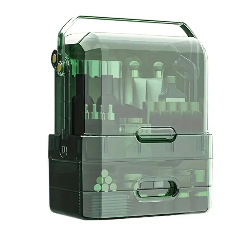 実用的だ 化粧台用の大容量メイクアップオーガナイザー蓋付き化粧品陳列ケース引き出し防水防塵透明カバーポータブルハンドルカウンタートップのスキンケアやジュエリー用の収納ボックス