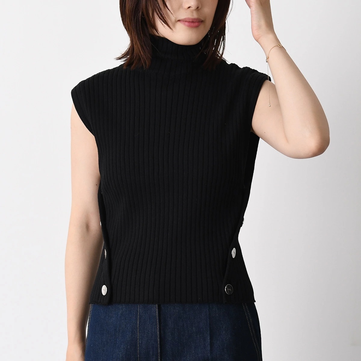 トップス ニット PAIGE COGXH F23278 レディース ブラック ノースリーブ コットン ハイネック リブニット