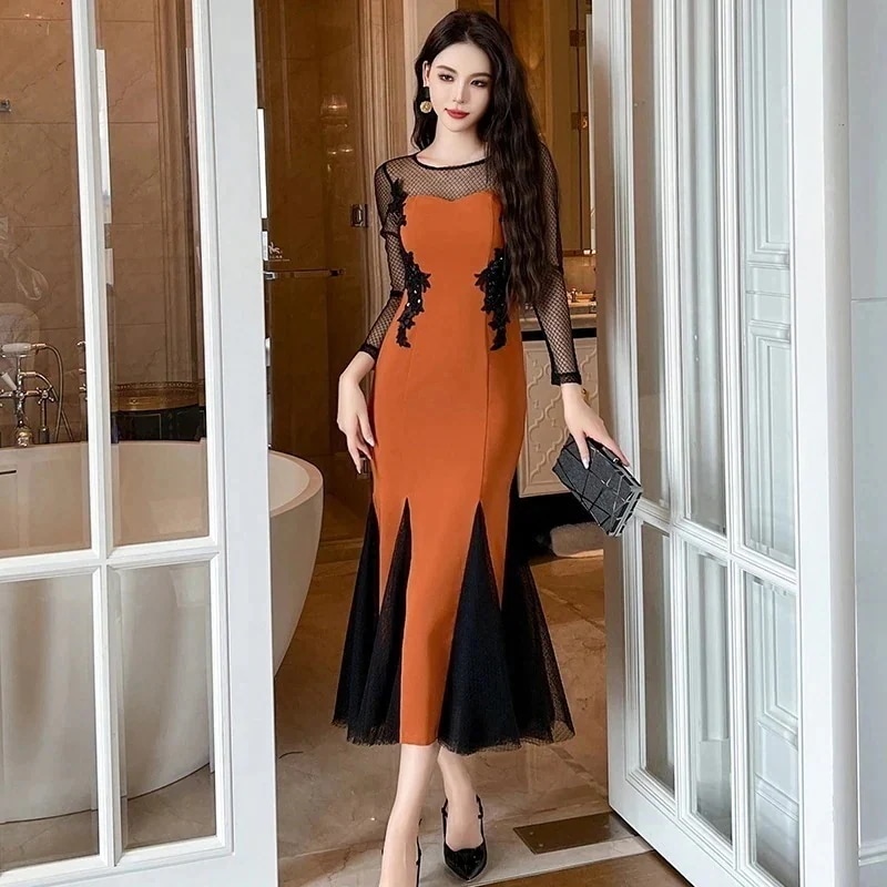 【JY.上品】 秋冬 刺繍飾り ロングワンピース マーメイド メッシュ パーティードレス キャバ 着痩せ 大人 同窓会 披露宴 卒業式 結婚式 演奏会 ウェディング 二次会 発表会