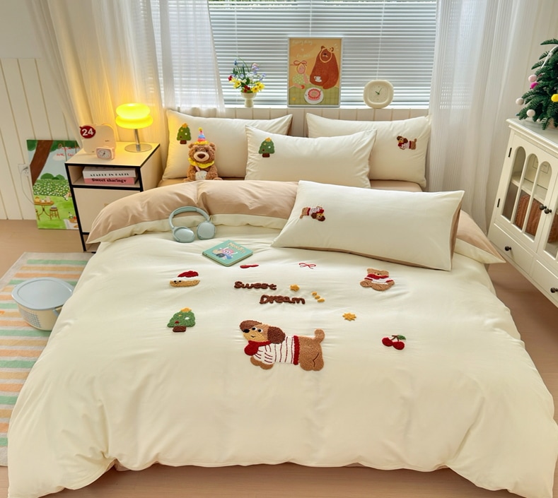 綿100% タオル刺繍セット・ベッドカバー３点セット 夢のワンちゃん