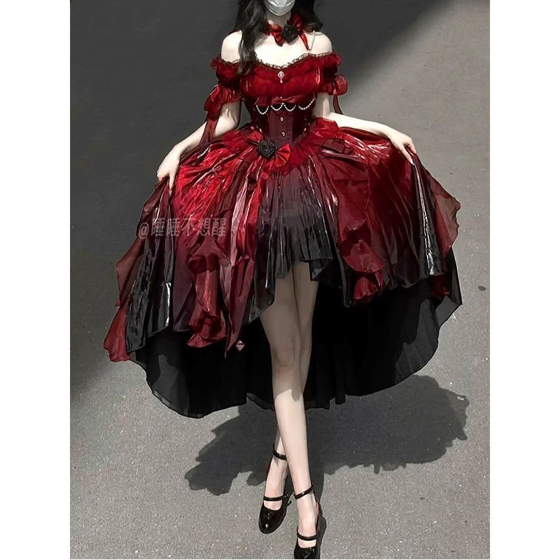 【2枚購入で 3oo円OFF！】黒と赤のグラデーションフロントショートバックロングフラワーウェディングドレスロリータスカートロリータテールふわふわプリンセススカート