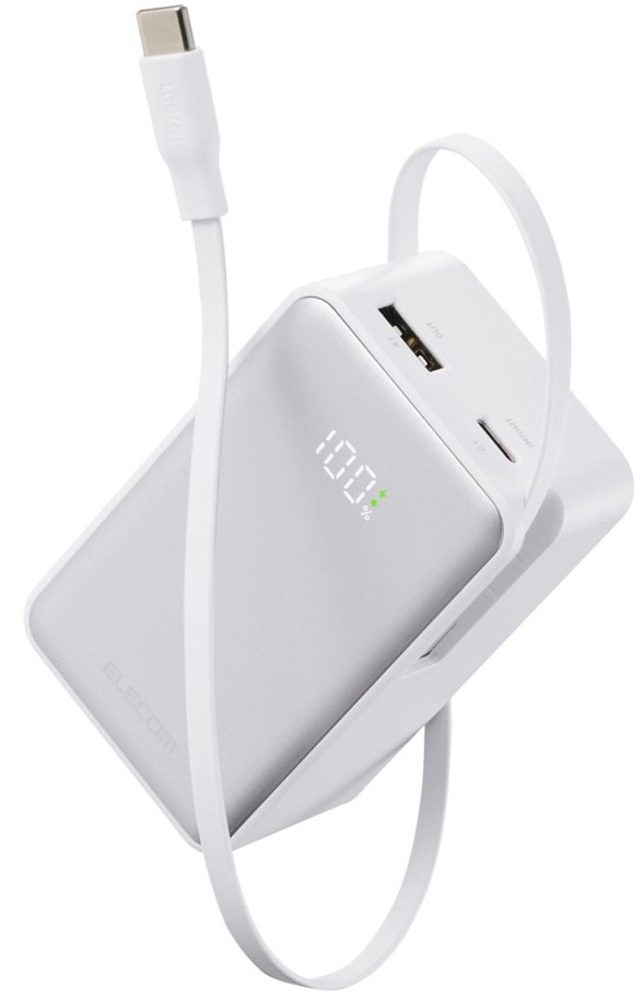 エレコム DE-C80L-10000WH モバイルバッテリー 10000mAh 巻取り式USB-Cケーブル一体型 最大22.5W PD/PPS対応 USB-C/USB-Aポート LED残量％表示 パス