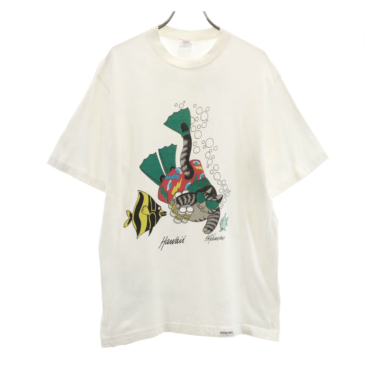 Crazy Shirt クレイジーシャツ 90s USA製 オールド クリバンキャット プリント 半袖 Tシャツ M オフホワイト メンズ 古着