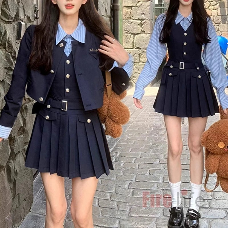 卒業式スーツ 入学式 女の子 ワンピーススーツ 3点セット ネイビー フォーマル スーツ 韓国制服 JK シャツ プレザー スカート ボレロセット 入学式スーツ 七五三 女子 高校生 中学生 おしゃれ
