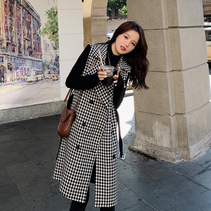 ベスト ジレ レディース ロング丈 l 千鳥格子 袖なし アウター 上着 羽織 ベルト付き ウエストマーク 黒 切り替え S M L XL 可愛い かっこいい おしゃれ きれいめ カジュアル