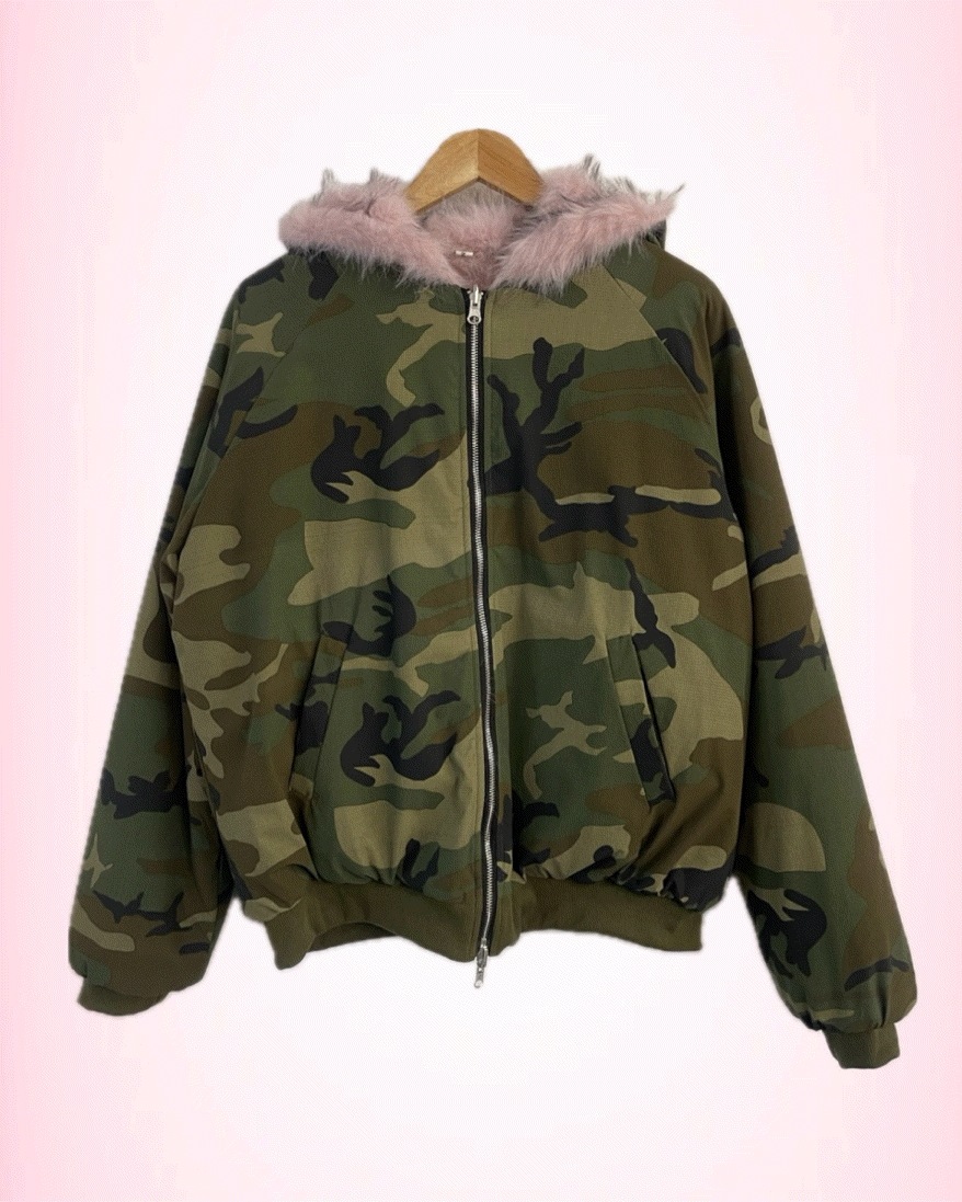 [ユニーク/ヒップスター] - (リバーシブル) ツーウェイ パーカー ピンク ミンク ファー ジャンパー - 2カラー(カモ/ブラック)