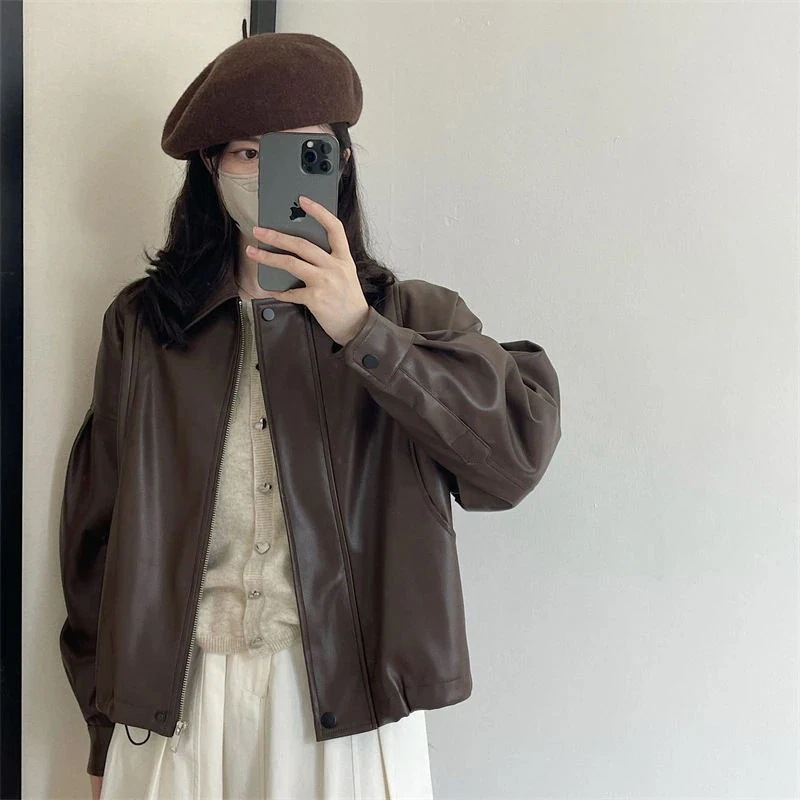 シンプル！ノーカラーコート春アウター春秋の作レトロな開襟シングルブレストレザージャケットPU皮ジャケット長袖コートレディース韓国ファッション