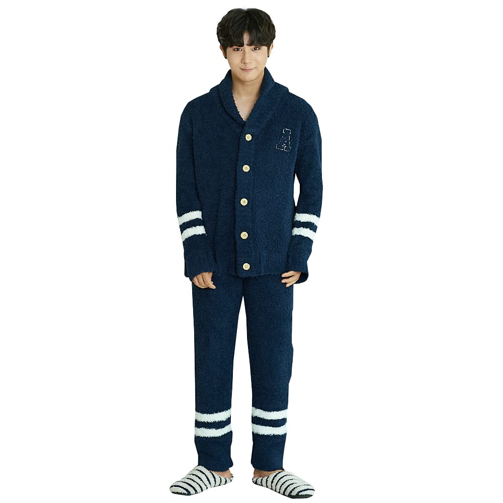 [Luanna Jena] ルームウェア メンズ パジャマ もこもこ カウチン & ロングパンツ 2点セット QW22 (ネイビー)