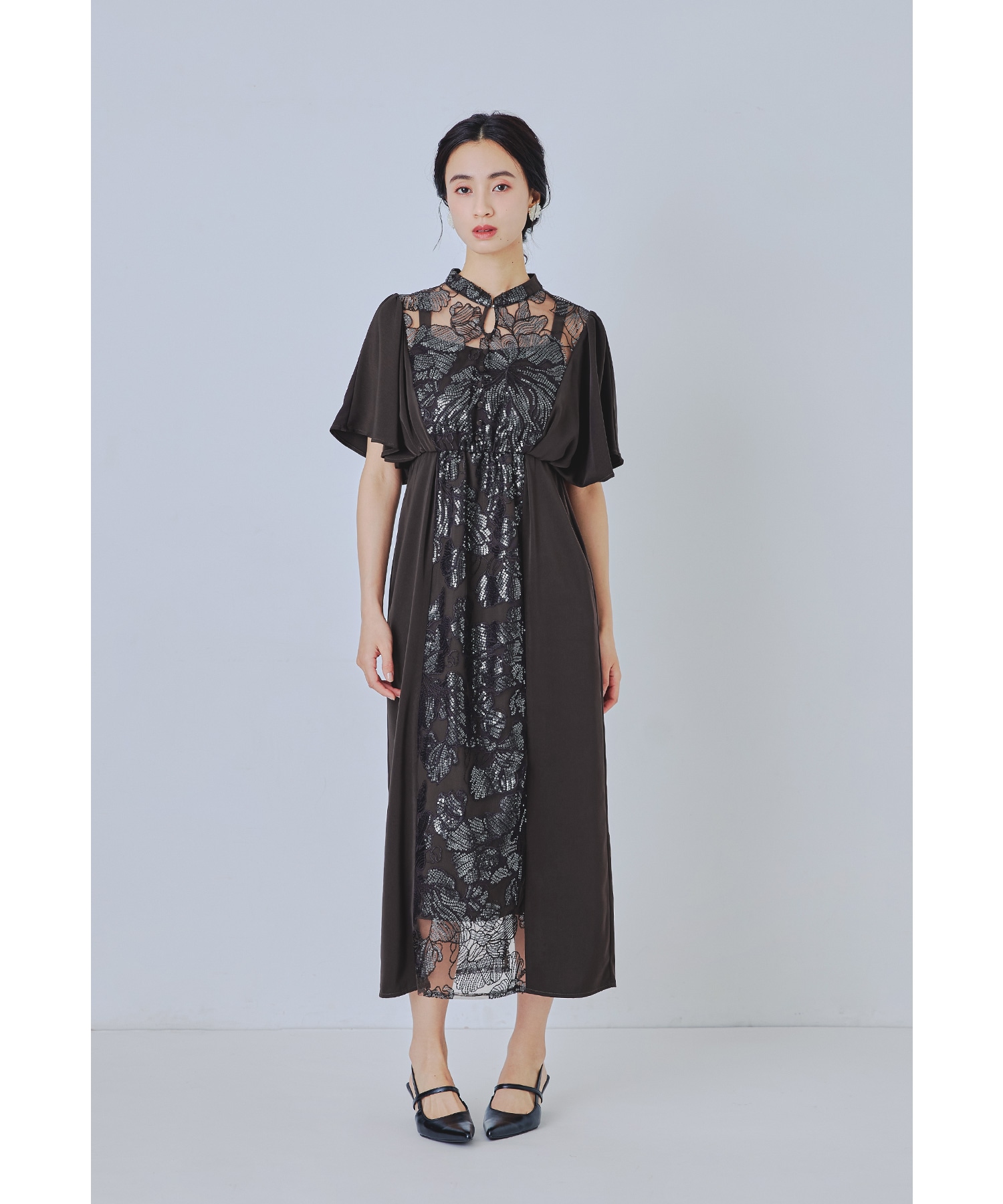 スパンコール刺繍レースドレス パーティードレス ワンピース 結婚式 花柄 フラワー 刺繍 切り替え Iライン ロング丈 お呼ばれ パーティー 二次会 披露宴 謝恩会 成人式 同窓会 卒業式