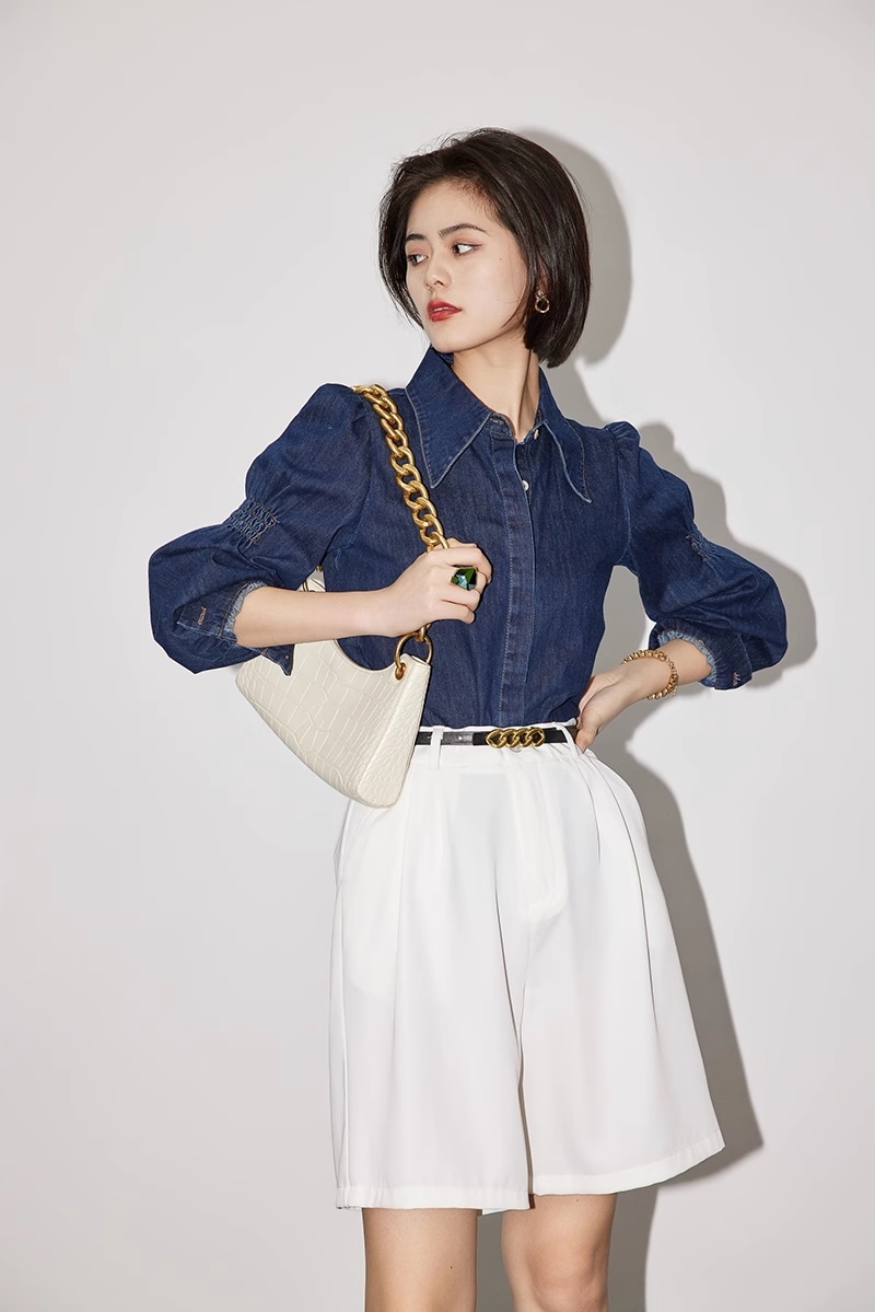 シャツ コットン デニム クール 個性的 トップス シャツ 袖あり 長袖 襟付き デニム 大人可愛い きれいめ シンプル カジュアル 大人 上品 おしゃれ お洒落 大人女子 こなれ感 無地 春 秋