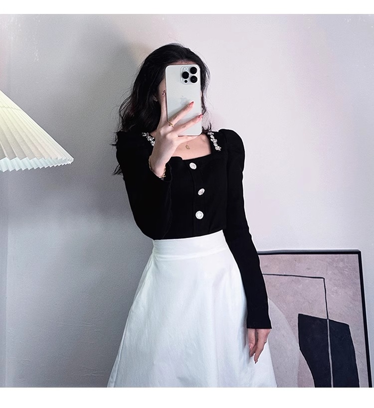 リトル ストーン モンスター レトロ スクエアネック パフスリーブ ローカラー ファッショナブル ハイセンス ダイヤモンド ニッチ 長袖 トップ 女性 個性的 トップス シャツ 袖あり 長袖