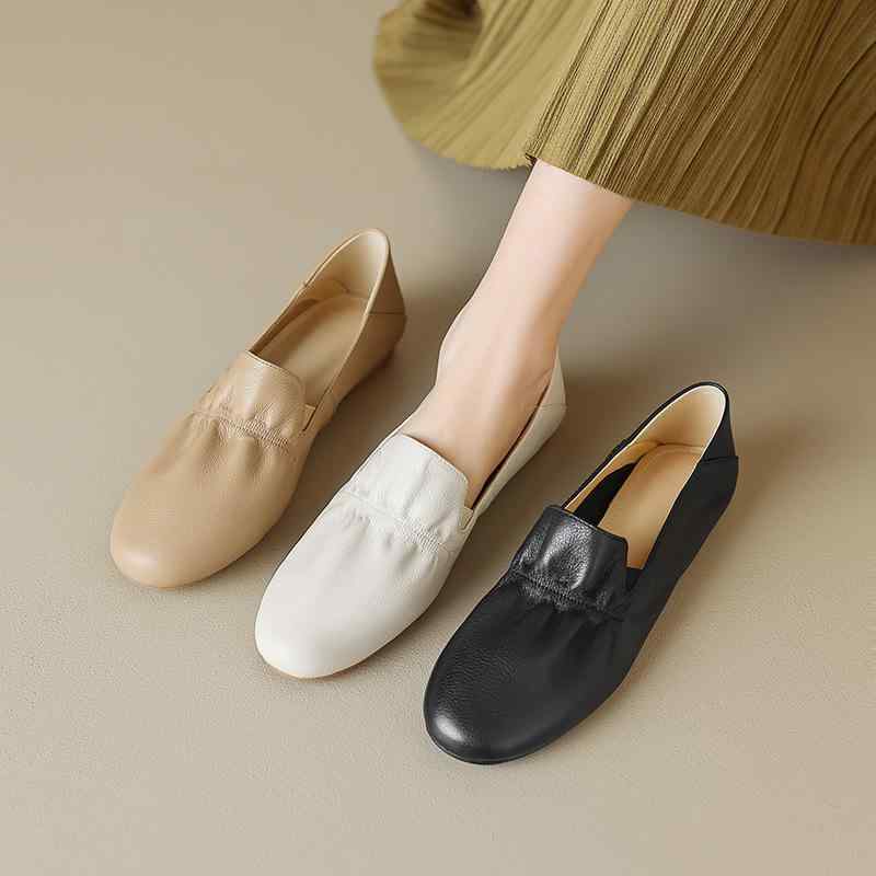 フラットシューズ レディース 牛革 カジュアル ホワイト系 ブラック カーキ ぺたんこ ラウンドトゥ ナースシューズ ママシューズ シニアシューズ スリッポン 快適 軽量 春夏秋 ゴム底 豚革