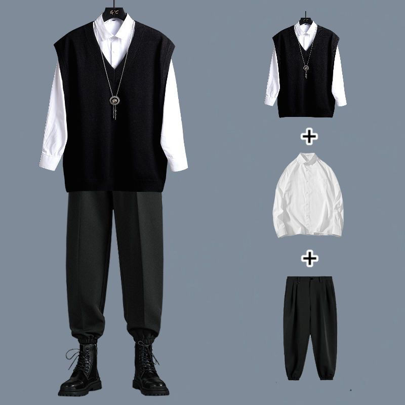 日系オリジナル春秋長袖3点セット シンプルシャツ+Vネックニットベスト+カジュアルストレートパンツセット