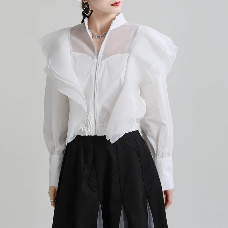 レイヤードトップスハスの葉の長袖シャツのデザィン感 オーバー スタイルサテンシャツLFZ219