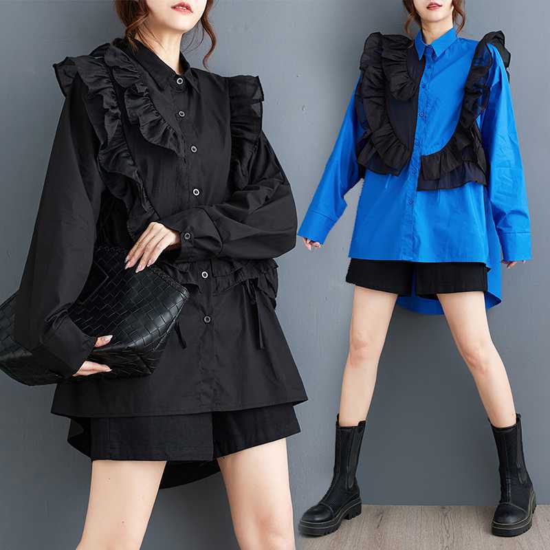 「ファットガール」 2024秋新品 ドッキング チュニック フリル ブラウス 大きいサイズ 体型カバー レディース チュールドッキング ロングブラウス メガ割30%までに制限