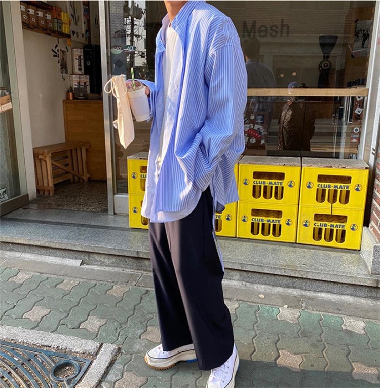 簡単スタイルアップ 韓国ファッション 縫付 フェイク2ピース ゆったりするストライプ 長袖 シャツ