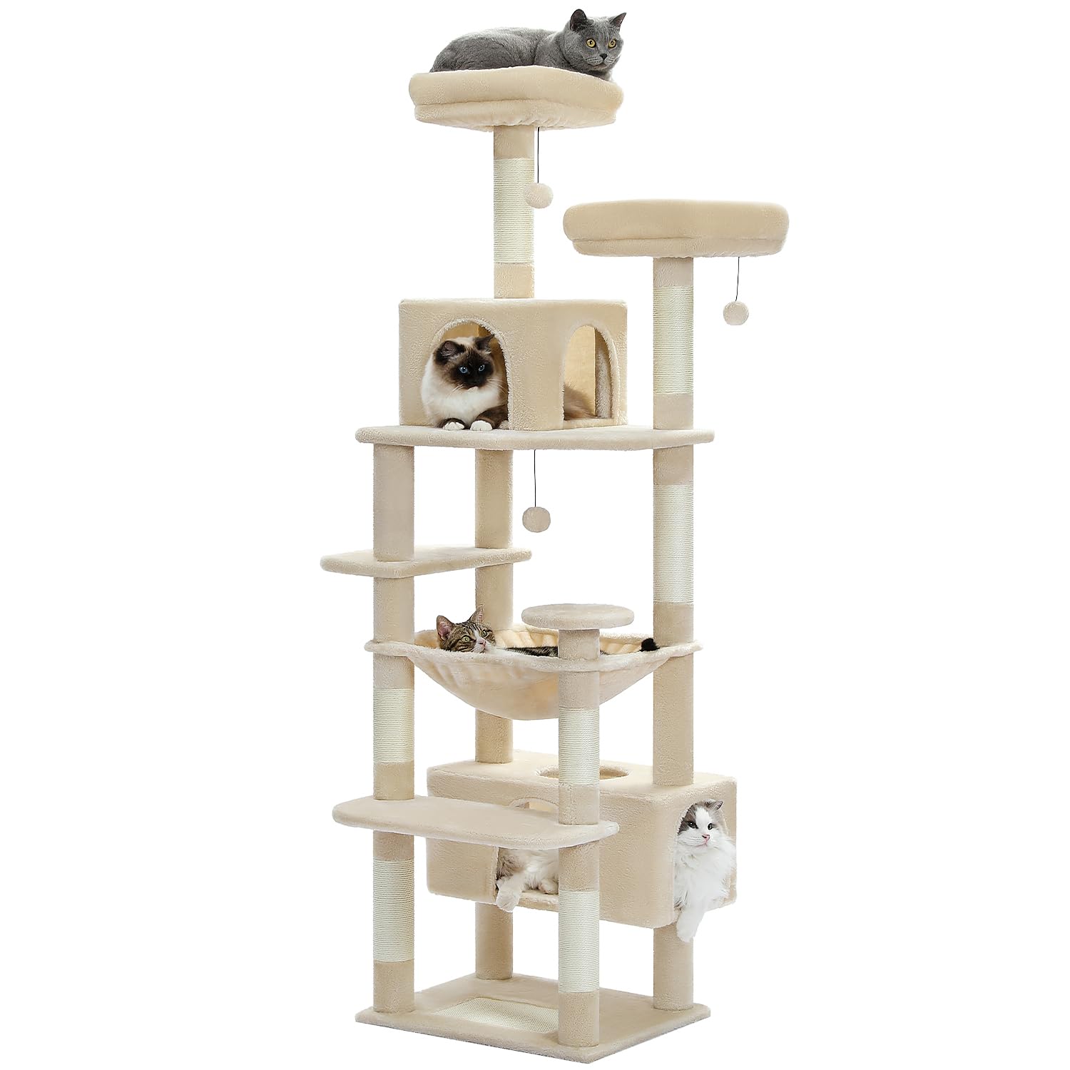 PETEPELA(ぺテぺラ) キャットタワー 大型猫用 コンパクト 多頭飼い 据え置き型 スリム ハンモック 麻紐爪とぎポール 猫のおもちゃ 転倒防止ベルト付き 展望台 猫ベッドカバー取り外し可能 運