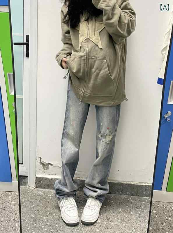 デニムパンツ レディース メンズ ダメージ ジーンズ クラッシュ ボトムス アメリカン ストリート ストレート ヒップホップ カジュアル ブルー