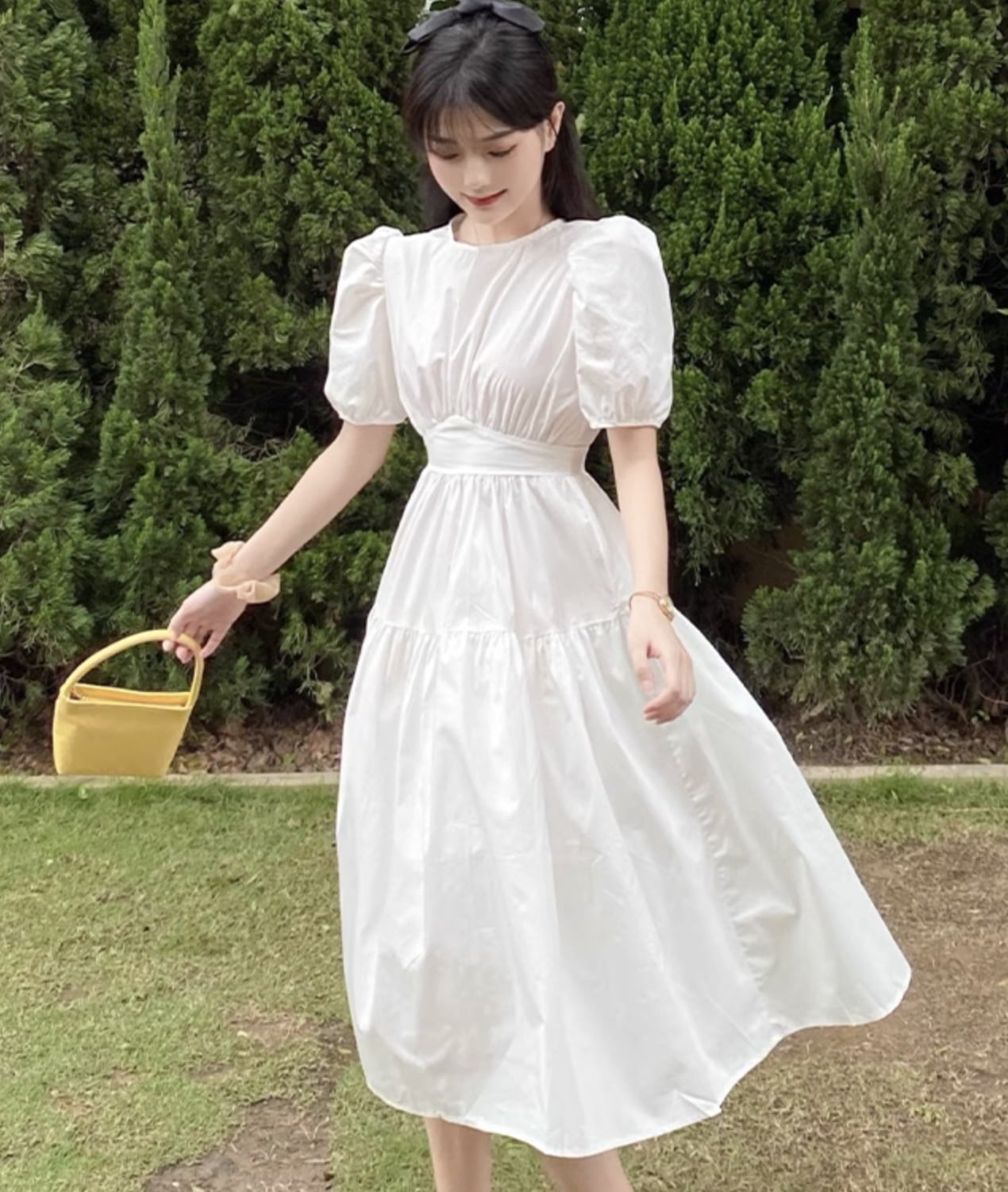 ワンピース フレアワンピース ミディアム丈 ミドル丈 袖あり 半袖 5分袖 五分袖 ボリューム袖 ラウンドネック フレア Aライン シフォン ウエストマーク ハイウエスト 綿 かわいい きれいめ