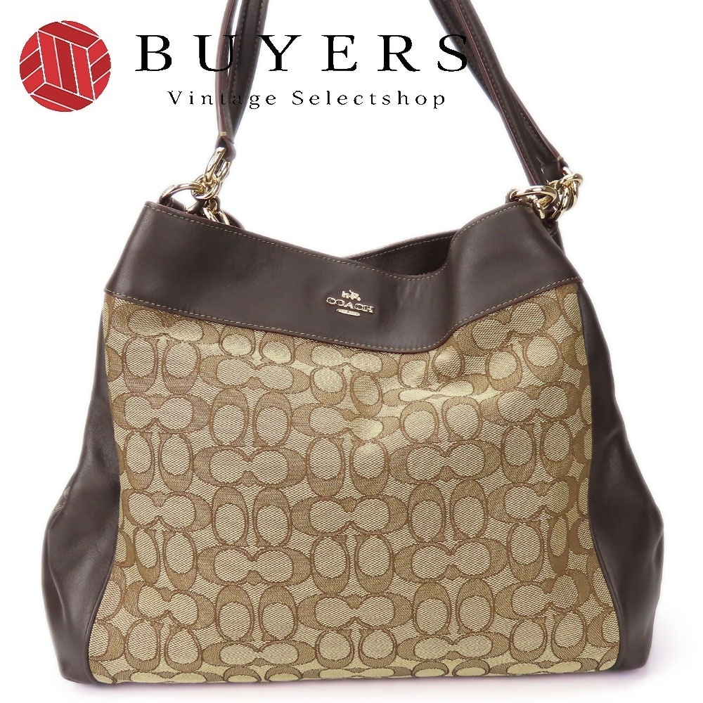 中古 トートバッグ F57612 シグネチャー キャンバス レザー ダークブラウン ブラウン ゴールド金具 肩掛け 普段使い レディース 女性