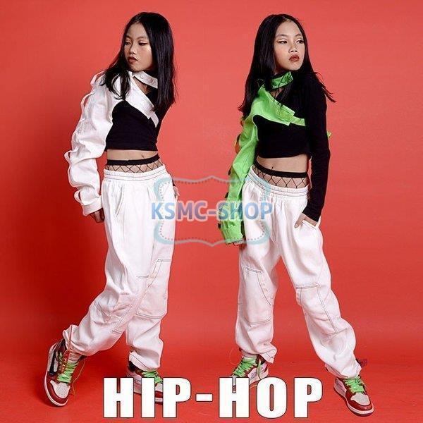 キッズダンス衣装 ヒップホップ HIPHOPセットアップ ダンストップス 袖 パンツ ズボン 子供 女の子 チアガール ジャズダンス ステージ衣装 練習着4点