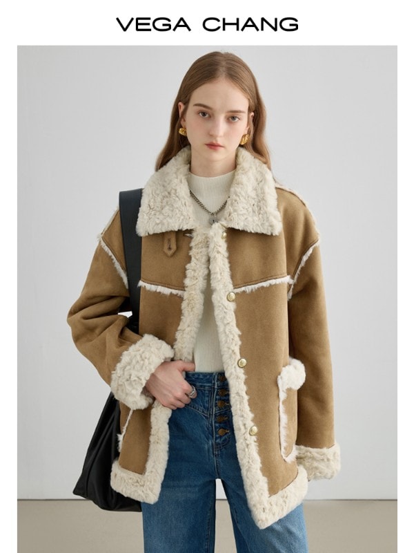 ファーショートコートレディース2025秋冬新作厚手スエードラペルジャケット