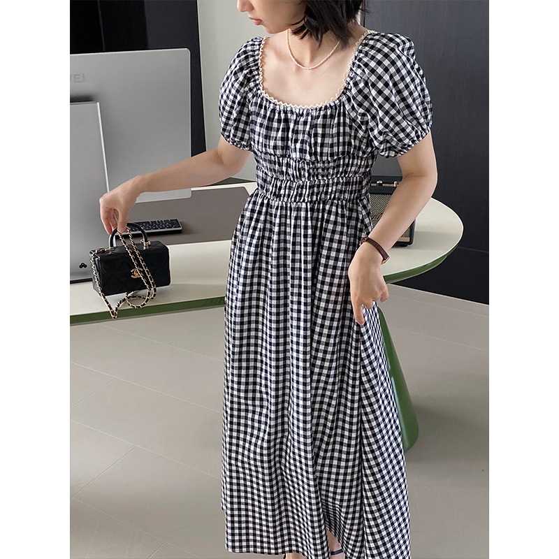 ウエストチェック柄スリムドレスレディースレーススプライシング半袖ロングスカート6037