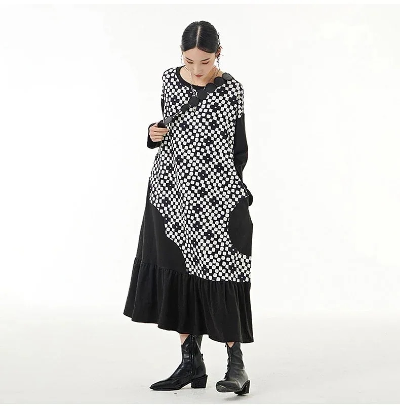 【急速出荷!】米大きいサイズ切り替え文芸復古長袖ブラウスワンピース丸ネックチェック柄ゆとりファットマミーレディース今日は30パーセント