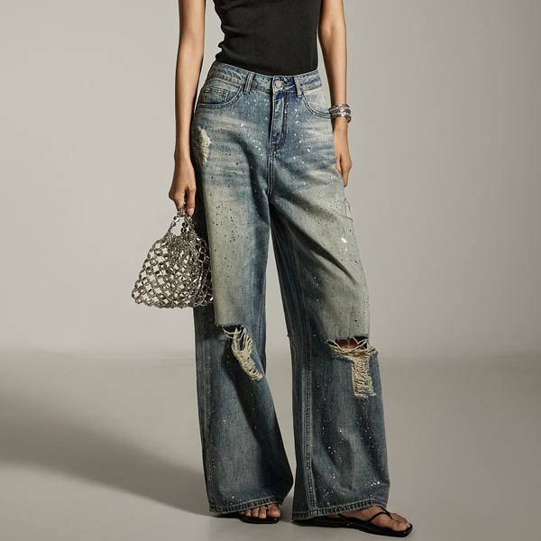 PJ590 グリッター ダメージ ジーンズ