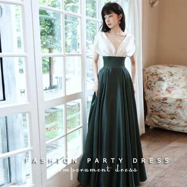 今がチャンスお洒落 高級感 エレガント キレイめ レディースドレス ロングドレス マキシ丈 グリーン スウィート 宴会 パーティー 成人式 結婚式 Ｖネック ウェディングドレス お呼ばれ 二次会 音楽